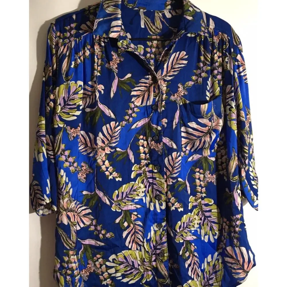 Free People Under The Palms Women's Size XS Blue Palms Floral Button Up Blouse